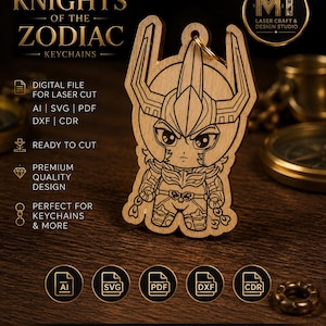 Puede incluir: Un llavero de madera de color claro con un diseño cortado con láser de un personaje con casco de The Knights of the Zodiac. La imagen incluye texto como The Knights of the Zodiac Keychains, formatos de archivo como AI, SVG, PDF, DXF y CDR, y un logotipo de MT Laser Craft & Design Studio.