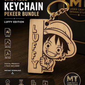 Peut inclure: Porte-clés en bois avec une image gravée au laser d'un personnage de dessin animé de la série animée One Piece. Le porte-clés comprend le nom "LUFFY" et une chaîne dorée. Le produit est un téléchargement numérique avec trois fichiers inclus.