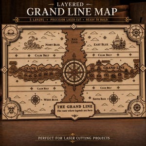 Puede incluir: Un mapa de madera en capas del Grand Line con cinco niveles, detalles cortados con láser de precisión y motivos náuticos. El mapa muestra las regiones North, South, East y West Blue, la Red Line y un diseño central de rosa de los vientos.