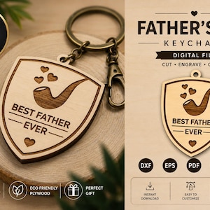 Puede incluir: Llavero de madera para el Día del Padre con forma de escudo, con una pipa y el texto "BEST FATHER EVER". El llavero está unido a un anillo y un cierre de metal. El diseño incluye corazones y está cortado con láser.