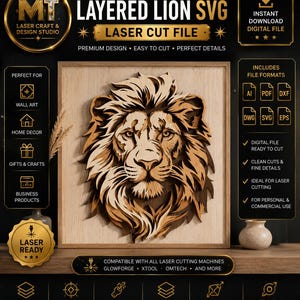 Puede incluir: Archivo digital SVG de león en capas para corte láser. El diseño presenta una cabeza de león detallada en tonos marrones, adecuado para arte mural, decoración del hogar y regalos. Archivo digital listo para láser.