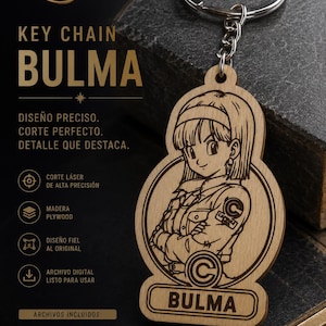 Puede incluir: Llavero de madera de Bulma con una imagen grabada detallada del personaje. El llavero incluye un anillo y una cadena de metal. El diseño incluye el texto "KEY CHAIN BULMA" y otros textos en español.
