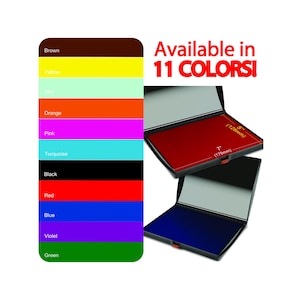 May include: Two open ink pads, one red and one blue, with dimensions of 7" x 5". A color palette displays 11 available colors, including brown, yellow, mint, orange, pink, turquoise, black, red, blue, violet, and green. Text reads "Available in 11 COLORS!"