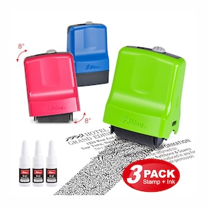 May include: Three Shiny brand identity theft protection roller stamps in pink, blue, and lime green, each with a grey top button. Includes three small white bottles of ID-61 refill ink and a sample of text obscured by a dense pattern of letters.
