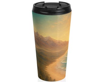 Serene Mountain & River Travel Mug, 15oz Stainless Steel Coffee Tumbler with Panoramic Nature Art