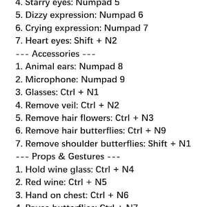 May include: A white text list titled "Love Song Key Instructions" detailing keyboard shortcuts for various expressions, accessories, props, gestures, hair, and poses. Instructions include removing watermarks, fly head effects, and more.