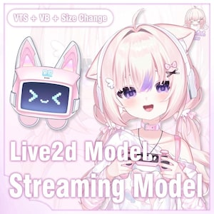 Puede incluir: Ilustración digital de un personaje de estilo anime rosa con orejas de gato y auriculares a juego. El personaje sostiene un mando de videojuegos. A la izquierda hay un dispositivo rosa con forma de robot con una pantalla y orejas de gato. El texto dice "Live2d Model Streaming Model".