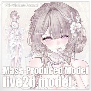 May include: An anime-style illustration of a woman with long, light-colored hair and purple eyes. She wears a white dress and is adorned with floral and butterfly accents. The text "Mass-Produced Model live2d model" is overlaid on the image.