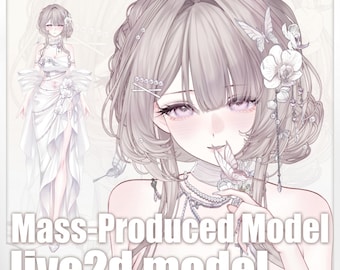 May include: An anime-style illustration of a woman with long, light-colored hair and purple eyes. She wears a white dress and is adorned with floral and butterfly accents. The text "Mass-Produced Model live2d model" is overlaid on the image.