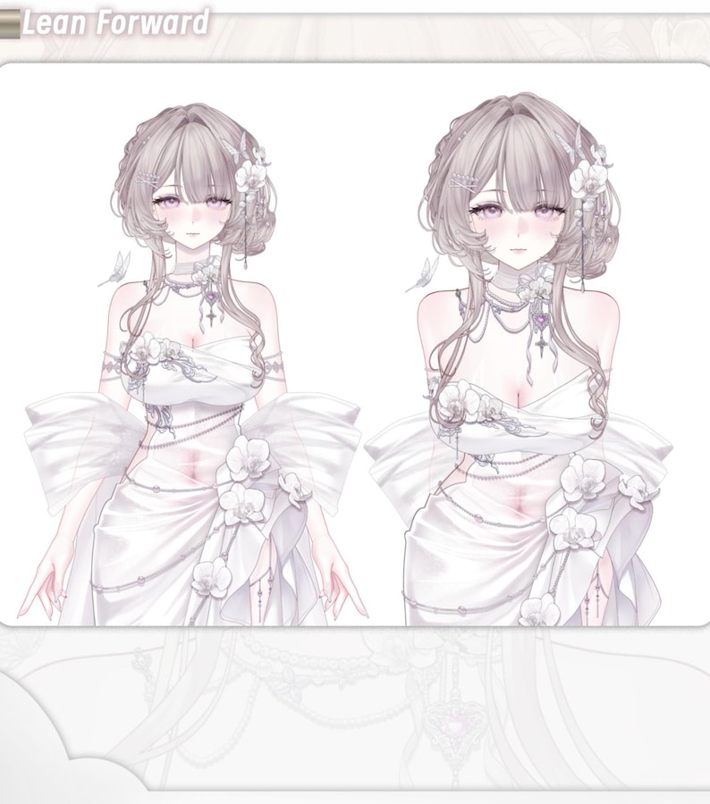 May include: Two illustrations of a person in a white dress with floral accents and jewelry. The person has light-colored hair and is wearing a white dress with floral accents. The text "Lean Forward" is at the top of the image.