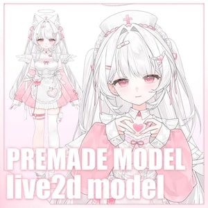 May include: A digital illustration of a white-haired anime-style character in a nurse outfit with pink accents. The character has pink eyes and is holding a heart shape with their hands. The text "PREMADE MODEL live2d model" is displayed.
