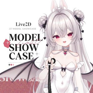 Könnte beinhalten: Anime-Illustration eines Charakters mit langen, silbernen Haaren und roten Augen, der ein weißes Kleid mit herzförmigem Ausschnitt trägt. Das Bild enthält den Text "Live2D Model Showcase" und ein Fledermausflügel-Design.