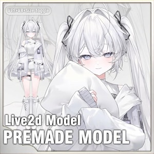 Op de afbeelding: Digitale illustratie van een anime-achtig personage met wit haar en staartjes, gekleed in een witte outfit en een wit kussen vasthoudend. De afbeelding bevat de tekst "Live2d Model PREMADE MODEL" in een vetgedrukte letter. Een kleinere afbeelding van het personage in zijn geheel is ook zichtbaar.