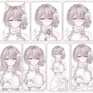 May include: A digital art display titled "Accessory Switch" featuring a series of anime-style portraits. Each portrait showcases a woman with variations in hairstyles, accessories, and attire, including cat ears, glasses, and a microphone. The color palette is soft, with pastel tones.