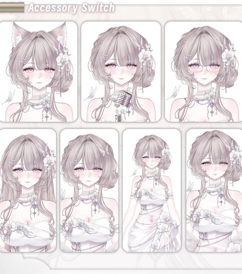 May include: A digital art display titled "Accessory Switch" featuring a series of anime-style portraits. Each portrait showcases a woman with variations in hairstyles, accessories, and attire, including cat ears, glasses, and a microphone. The color palette is soft, with pastel tones.