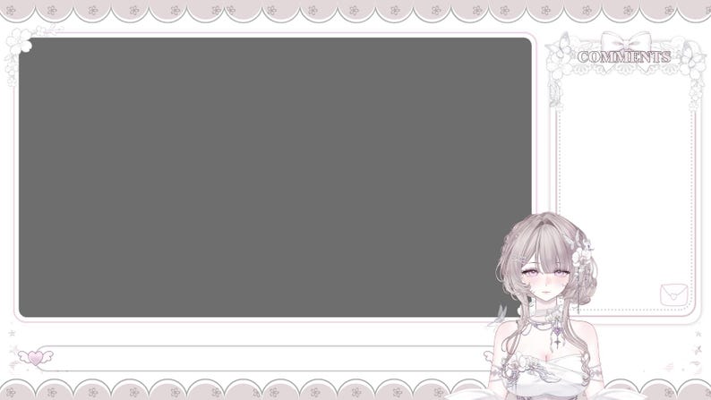 May include: A digital overlay featuring a light pink and white design. The overlay includes a large gray rectangle, a smaller white rectangle with the word "COMMENTS", and a cartoon character. The design has a scalloped border with floral accents.
