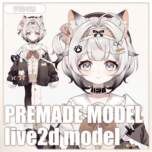 May include: An anime-style character design with cat ears, a choker, and a school uniform-inspired outfit. The character has light-coloured hair and eyes, with a black and brown jacket. Text on the image reads "PREMADE MODEL live2d model".