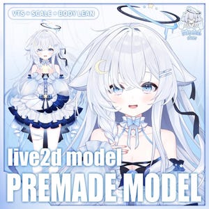 Op de afbeelding: Digitale illustratie van een personage met lang wit haar, blauwe ogen en een halo. Het personage draagt een witte en blauwe outfit. Tekst op de afbeelding luidt "live2d model PREMADE MODEL" en "VTS + SCALE + BODY LEAN".