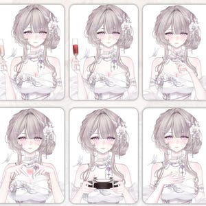 May include: A series of six anime-style illustrations of a woman in a white dress with floral and jewelry accents. The illustrations show the woman in different poses, including holding a glass of champagne and a video game controller. The text "Motion Switch" is at the top.