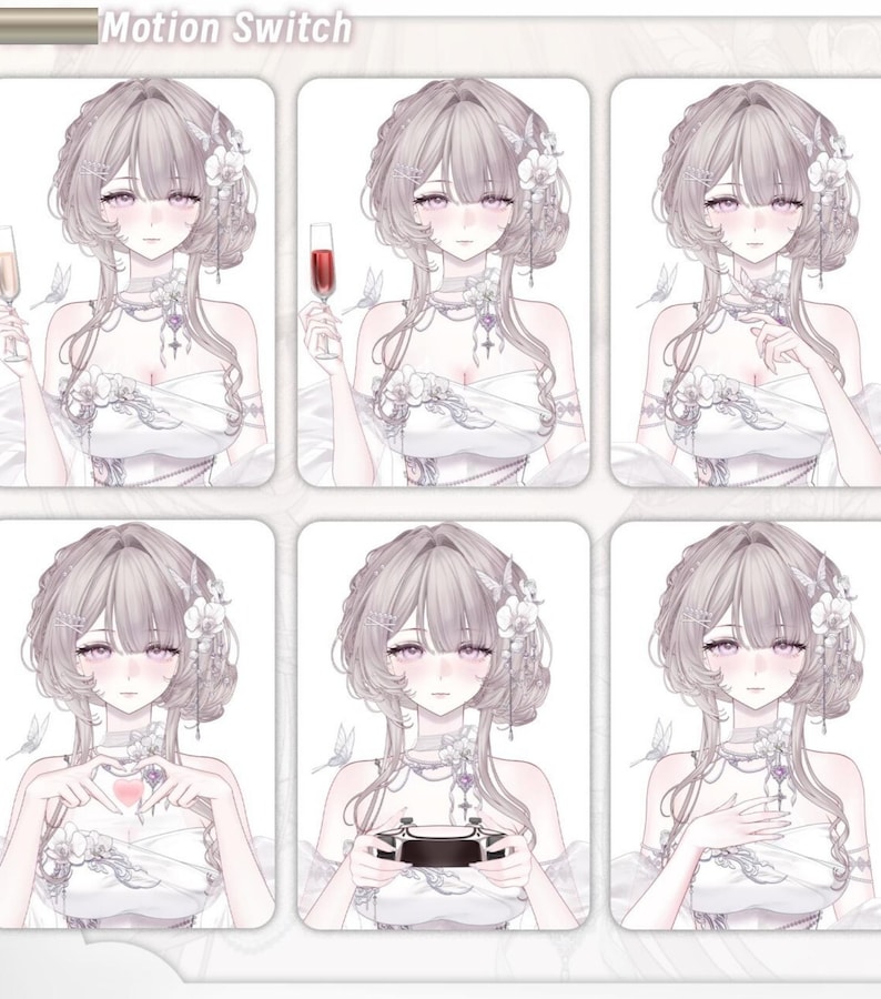 May include: A series of six anime-style illustrations of a woman in a white dress with floral and jewelry accents. The illustrations show the woman in different poses, including holding a glass of champagne and a video game controller. The text "Motion Switch" is at the top.