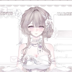 May include: Digital illustration of a woman with long, light-colored hair, adorned with flowers and butterflies. She wears a white dress and jewelry. The background features frames labeled "COMMENTS" and "TARGET", with decorative floral and butterfly elements.