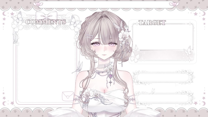 May include: Digital illustration of a woman with long, light-colored hair, adorned with flowers and butterflies. She wears a white dress and jewelry. The background features frames labeled "COMMENTS" and "TARGET", with decorative floral and butterfly elements.