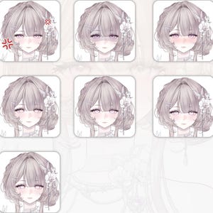 May include: A collection of anime-style portraits showcasing various facial expressions. Each portrait features a character with light purple hair, pink blush, and delicate floral hair accessories. The expressions range from neutral to angry, with the text "Key-activated Expressions" at the top.