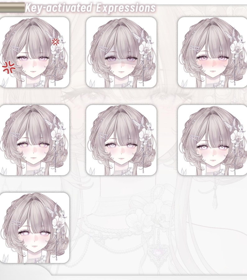 May include: A collection of anime-style portraits showcasing various facial expressions. Each portrait features a character with light purple hair, pink blush, and delicate floral hair accessories. The expressions range from neutral to angry, with the text "Key-activated Expressions" at the top.