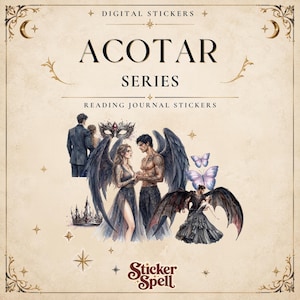 Könnte beinhalten: Eine Sammlung digitaler Aufkleber mit dem Titel ACOTAR SERIES READING JOURNAL STICKERS. Die Grafiken zeigen Illustrationen von geflügelten Figuren, einer Krone, einer Maske und Schmetterlingen auf beigem Hintergrund mit goldenen Akzenten.