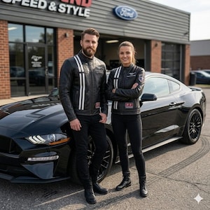 Könnte beinhalten: Zwei Personen in schwarzen Lederjacken mit weißen Streifen posieren vor einem schwarzen Ford Mustang. Die Jacken haben Aufnäher und die Worte "SPEED & STYLE" sind über dem Eingang des Gebäudes zu sehen.
