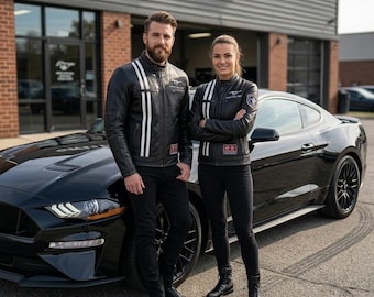 Handmade Ford Mustang GT Black Leather Jacket | Luxury Streetwear Moto Biker Enthusiast Outerwear