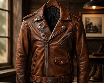 Herrjacka i brunt kohud, retro bikerstil
