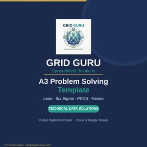 Puede incluir: Un gráfico azul oscuro que anuncia "GRID GURU" y "Spreadsheet Solutions". Presenta una "Plantilla de resolución de problemas A3" para Excel y Google Sheets, con términos como Lean, Six Sigma, PDCA y Kaizen. La imagen incluye un logotipo y la frase "Technical Data Solutions."