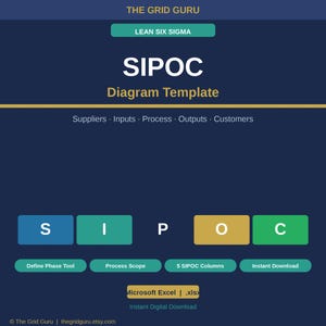 May include: A digital SIPOC Diagram Template in Microsoft Excel. The image features the text "SIPOC Diagram Template" with the letters S, I, P, O, and C in separate colored boxes. The template includes the text "Lean Six Sigma".