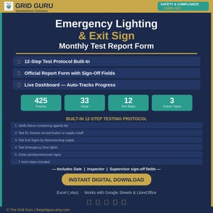 May include: A digital template for emergency lighting and exit sign monthly test reports. The design features a dark blue background with white and green text, including the title, key features, and a 12-step testing protocol. The template is available for instant digital download.