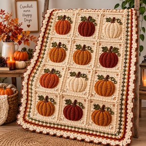 Può includere: Una coperta all'uncinetto color crema con una griglia di dodici pannelli quadrati, ognuno decorato con una zucca tridimensionale nei toni dell'arancione, ruggine e bianco. La coperta presenta un bordo smerlato decorativo con accenti verdi.