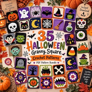 Puede incluir: Una colección de 35 cuadrados de ganchillo con temática de Halloween que incluyen diseños de calabazas, fantasmas, arañas, murciélagos, calaveras, brujas y calderos, dispuestos alrededor del texto 35 Halloween Granny Square Crochet Patterns.