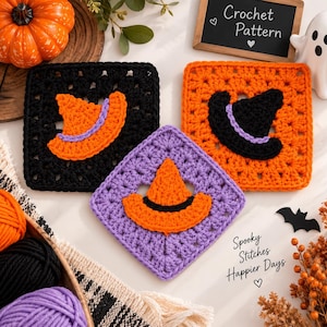 May include: Three square crochet motifs featuring witch hat appliqués in black, orange, and purple yarn. The black square has an orange hat, the orange square has a black hat, and the purple square has an orange hat. Each hat includes a contrasting band.
