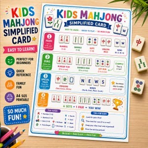 May include: A Kids Mahjong simplified card instructional sheet featuring colourful diagrams of game tiles, rules for pairs, runs, and winning combinations, alongside a tile guide and tips for kids, with three physical Mahjong tiles placed to the right.