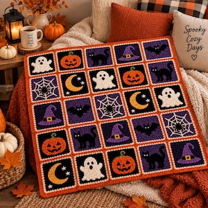 Mönster för virkad filt till Halloween-mormor i PDF-format | Spöklik pumpa i afghanstil | Virkmönster för Halloween | Höstdekorationer