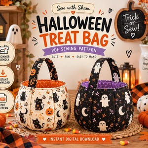 Może przedstawiać: Cyfrowy wykrój krawiecki PDF na torebki na słodycze na Halloween pod tytułem Sew with Sham Halloween Treat Bag. Obraz przedstawia dwa materiałowe koszyki z uchwytami, jeden w czarne koty i dynie na kremowym tle, drugi w białe duszki na czarnym.