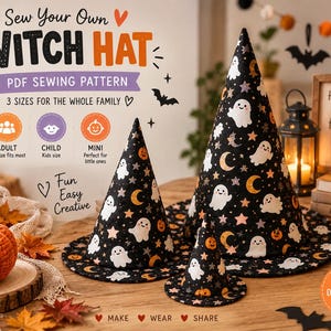 以下が含まれることがあります： 魔女の帽子のPDF型紙。Sew Your Own Witch Hat, 3 sizes for the whole family, Adult, Child, Mini, Fun Easy Creative, Instant Download, Make, Wear, Share, Handmade Magic for Spooky Daysというテキストが記載されています。