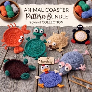 May include: A selection of handmade crochet animal coasters, featuring a crab, frog, hedgehog, penguin, turtle, chicken, and mouse. The coasters are in various colours and arranged on a wooden surface. The text "ANIMAL COASTER Pattern Bundle" is displayed.