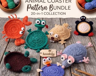 20-i-1 djurunderlägg Virkmönsterpaket PDF, Pop-Up-muggmatta, Amigurumi-mugghållare, Roliga djurunderlägg