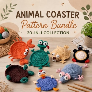 May include: A collection of seven crocheted animal coasters featuring an orange crab, green frog, beige creature, black and white penguin, brown turtle, blue chicken, and a blue mouse, with text reading ANIMAL COASTER Pattern Bundle 20-IN-1 COLLECTION.