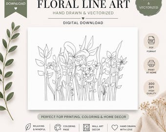Elegant Botanical Floral Coloring Card | Hand-drawn Printable PDF Line ...