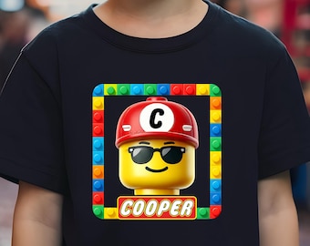 Camiseta personalizada con personaje de bloques de construcción, camiseta de juguete de bloques con nombre personalizado