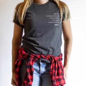 May include: Dark gray t-shirt with the text "Never underestimate the power of a girl with a book. RBG." A red and black plaid shirt is tied around the waist. The person is wearing blue jeans.