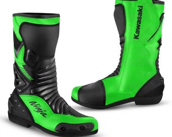 Botas de moto de carreras Kawasaki Ninja de cuero verde fluorescente hechas a mano, equipo de seguridad para motociclistas