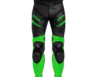 Handmade Unisex Fluorescent Green Kawasaki Ninja Leather Motorcycle Pants Racing Style Gear